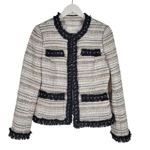 Boston Proper Women's Tweed Jacket Beige Multi Chain Fringe Blazer Size 8